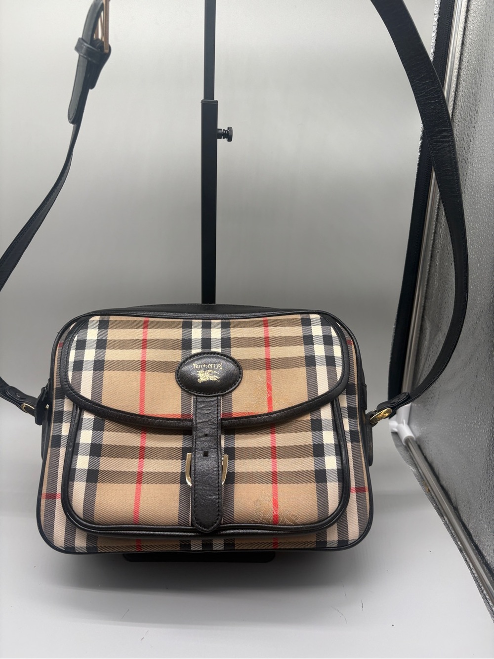 Burberry Tan Nova Check Messenger Bag with Black Trim